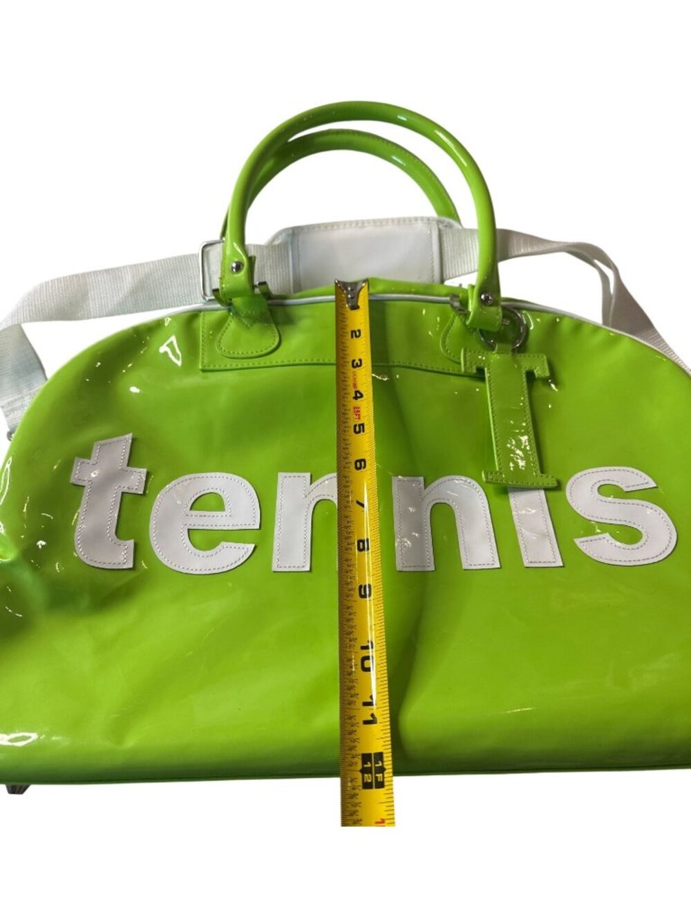 Trumpette Neon Glossy Patent Green Tennis Bag W/Shoulder Strap & Handles - Picture 14 of 15